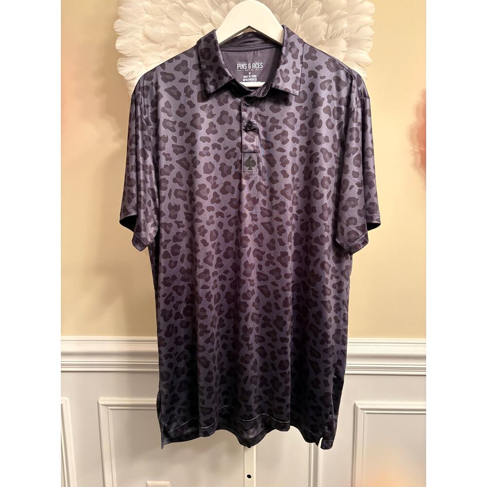 PINS & ACES BLACK AND GRAY  LEOPARD PRINT POLO SIZE XL